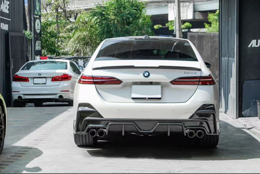 BMW 5 Series 530 540 (with M-package bumper, does not fit base model) G60 G61 2024-ON with Aftermarket Parts - V1 Style Rear Diffuser (Quad Exhaust Tips Included) Pre-preg Carbon Fiber from TAKD Carbon