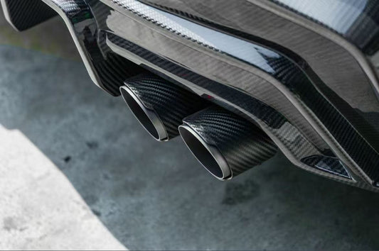 BMW 5 Series 530 540 (with M-package bumper, does not fit base model) G60 G61 2024-ON with Aftermarket Parts - V1 Style Rear Diffuser (Quad Exhaust Tips Included) Pre-preg Carbon Fiber from TAKD Carbon