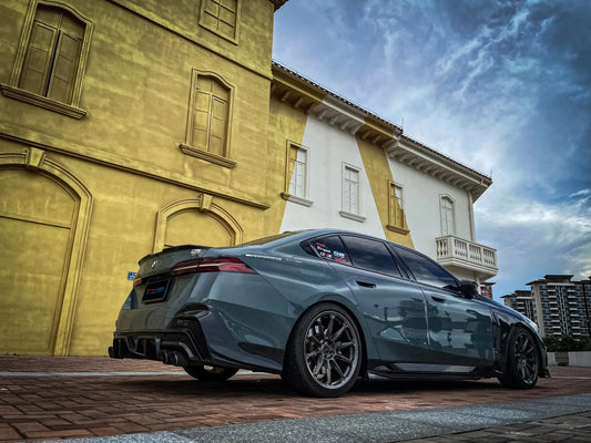 BMW 5 Series 530 540 (with M-package bumper, does not fit base model) G60 G61 2024-ON with Aftermarket Parts - V1 Style Rear Diffuser (Quad Exhaust Tips Included) Pre-preg Carbon Fiber from TAKD Carbon