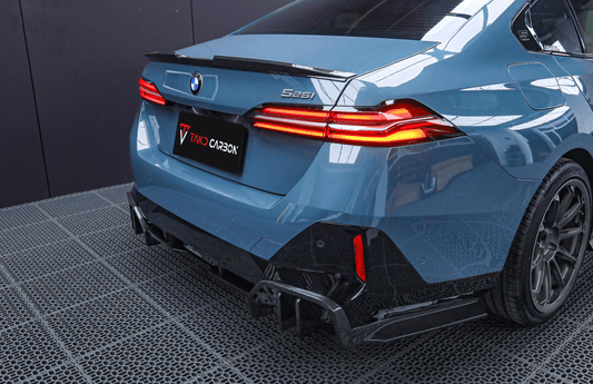 BMW 5 Series 530 540 (with M-package bumper, does not fit base model) & i5 e/x Drive40 (with M-package bumper, does not fit base model) M60 G60 G61 2024-ON with Aftermarket Parts - MP Style Rear Diffuser (Quad Exhaust Tips Included) Pre-preg Carbon Fiber from TAKD Carbon