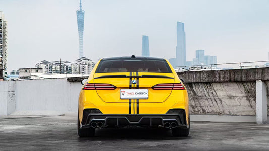 BMW 5 Series 530 540 (with M-package bumper, does not fit base model) G60 G61 2024-ON with Aftermarket Parts - V1 Style Rear Diffuser (Quad Exhaust Tips Included) Pre-preg Carbon Fiber from TAKD Carbon