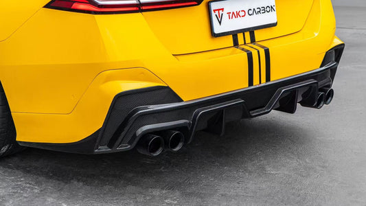 BMW 5 Series 530 540 (with M-package bumper, does not fit base model) G60 G61 2024-ON with Aftermarket Parts - V1 Style Rear Diffuser (Quad Exhaust Tips Included) Pre-preg Carbon Fiber from TAKD Carbon