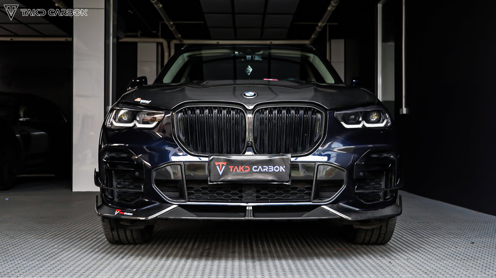 BMW X5 G05 M50i & X/S Drive 40i (with M-Package) Pre-LCI 2019 2020 2021 with Aftermarket Parts - V2 Front Lip Pre-preg Carbon Fiber from TAKD Carbon