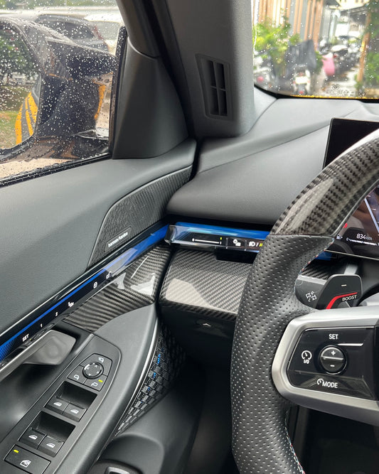 BMW 5 Series 530 540 & i5 e/x Drive40 M60 G60 G61 2024-ON with Aftermarket Parts - Pre-preg Carbon Fiber Driver Left Side Center Console Control Dashboard Panel Trim Cover from TAKD Carbon