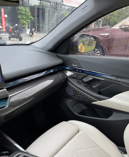 BMW 5 Series 530 540 & i5 e/x Drive40 M60 G60 G61 2024-ON with Aftermarket Parts - Pre-preg Carbon Fiber Passenger Right Side Center Console Dashboard Panel Trim Cover from TAKD Carbon