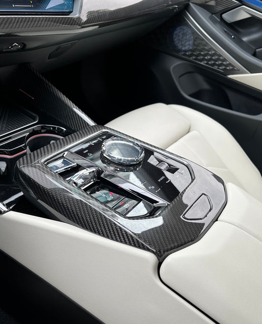 BMW 5 Series 530 540 & i5 e/x Drive40 M60 G60 G61 2024-ON with Aftermarket Parts - Pre-preg Carbon Fiber Center Console Infotainment Screen Trim Cover from TAKD Carbon