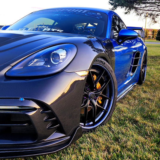 Porsche 718 Cayman / Boxster / GTS 2017-ON with Aftermarket Parts - Front Bumper & Lip Pre-preg Carbon Fiber from TAKD Carbon