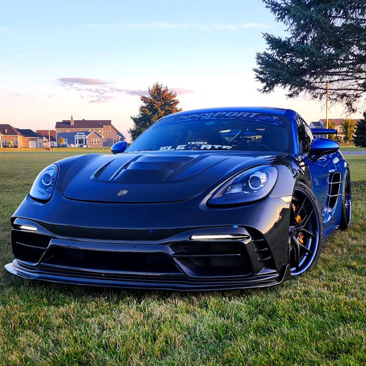 Porsche 718 Cayman / Boxster / GTS 2017-ON with Aftermarket Parts - Front Bumper & Lip Pre-preg Carbon Fiber from TAKD Carbon