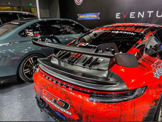 Porsche 911 992 Carrera / 4 / S / 4S 2020-ON with Aftermarket Parts - V2 Rear Wing Pre-preg Carbon Fiber from TAKD Carbon