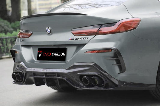 BMW 8 Series 840i (With M-Package Bumper) M850i G16 2018 2019 2020 2021 2022 2023 2024 with Aftermarket Parts - V2 Style Rear Bumper Canards Carbon Fiber from TAKD Carbon