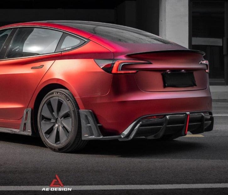 Tesla Model 3 Highland 2024-ON with Aftermarket Parts - AE Style Carbon Fiber Rear Diffuser & Canards from ArmorExtend