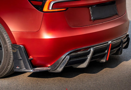 Tesla Model 3 Highland 2024-ON with Aftermarket Parts - AE Style Carbon Fiber Rear Diffuser & Canards from ArmorExtend