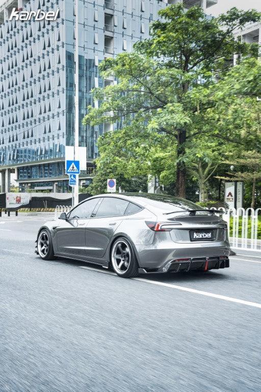 Tesla Model 3 Highland / Performance 2024-ON with Aftermarket Parts - With Light Style Rear Diffuser & Canards Pre-preg Carbon Fiber from Karbel Carbon