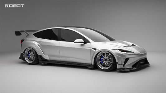 Tesla Model 3 Highland  Performance 2024-ON with Robot Craftsman's Aftermarket Parts - Carbon Fiber & FRP Fenders Flares & Wheel Arches & Side Skirts & Front Corner Canards & Side Canards HACKER