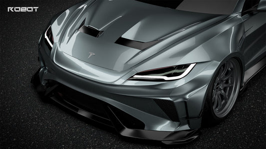 Tesla Model 3 Highland / Performance 2024-ON with Aftermarket Parts - Hacker Widebody Front Bumper & Lip Carbon Fiber / FRP from Robot Craftsman