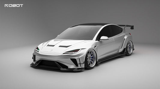Tesla Model 3 Highland / Performance 2024-ON with Aftermarket Parts - Hacker Widebody Front Bumper & Lip Carbon Fiber / FRP from Robot Craftsman