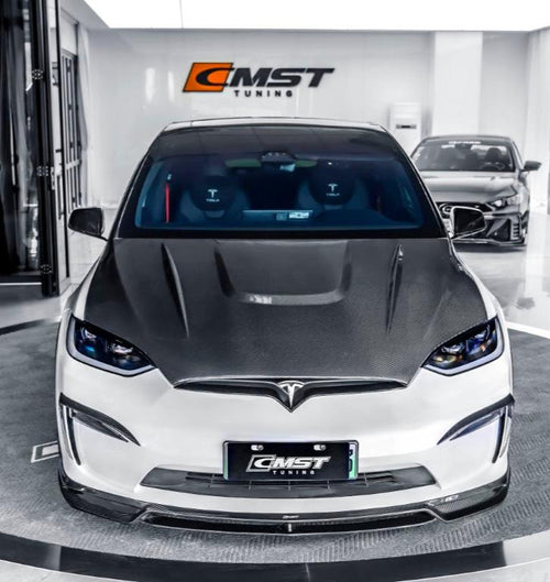 Tesla Model X Plaid Long Range Base 2022 2023 2024 with Aftermarket Parts - Hood Bonnet Carbon Fiber  FRP