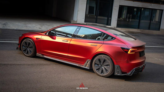 Tesla Model 3 Highland / Performance 2024-ON with Aftermarket Parts - AE Style Side Skirts & Canards Carbon Fiber from ArmorExtend