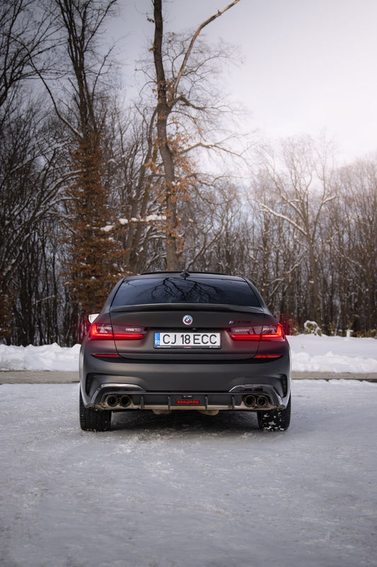 BMW 3 Series 330i (with M-package bumper, does not fit base model) M340i G20 Pre-LCI 2019 2020 2021 2022 with Aftermarket Parts - V2 Style Rear Diffuser & Canards Pre-preg Carbon Fiber from TAKD Carbon