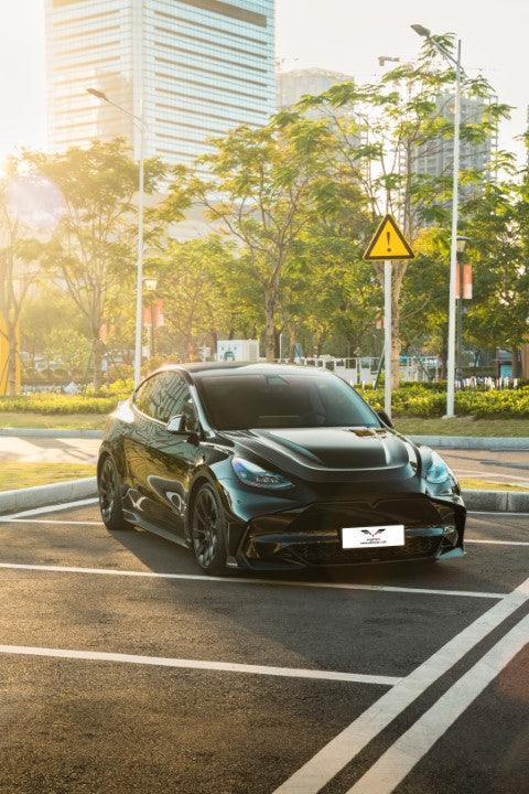 Tesla Model Y / Performance 2021 2022 2023 2024 with Aftermarket Parts - Loong Flames Style Hood Bonnet Pre-preg Carbon Fiber from Yofer USA