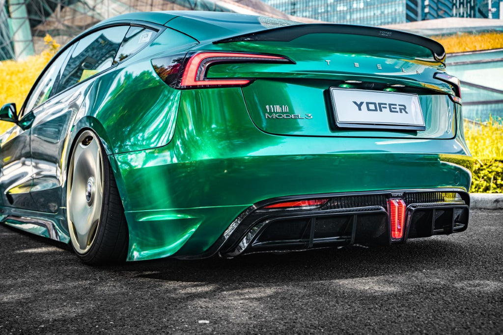 Tesla Model 3 Highland / Performance 2024 with Aftermarket Parts - V1 Sports Rear Diffuser & Canards PP from Yofer USA