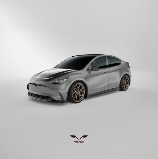 Tesla Model Y / Performance 2021 2022 2023 2024 with Aftermarket Parts - Loong Flames Style Hood Bonnet Pre-preg Carbon Fiber from Yofer USA