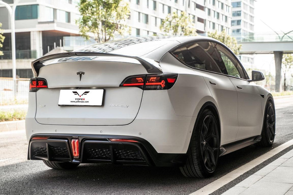 Tesla Model Y / Performance 2021-ON with Aftermarket Parts - Loong Flames Style Pre-preg Carbon Fiber Rear Spoiler Wing from  Yofer USA