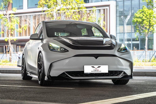 Tesla Model Y / Performance 2021 2022 2023 2024 with Aftermarket Parts - Loong Flames Style Hood Bonnet Pre-preg Carbon Fiber from Yofer USA