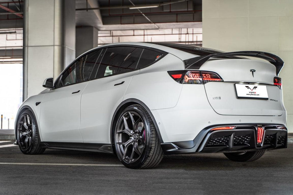 Tesla Model Y / Performance 2021-ON with Aftermarket Parts - Loong Flames Style Pre-preg Carbon Fiber Rear Spoiler Wing from  Yofer USA