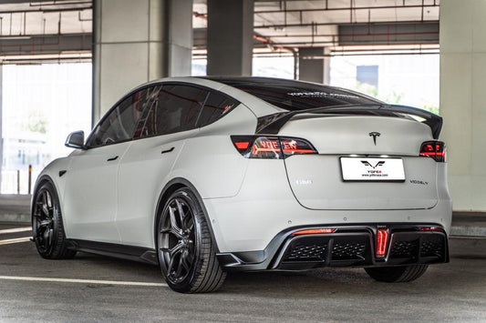 Tesla Model Y / Performance 2021 2022 2023 2024 with Aftermarket Parts - Loong Flames Style Rear Spoiler Wing Carbon Fiber from Yofer USA