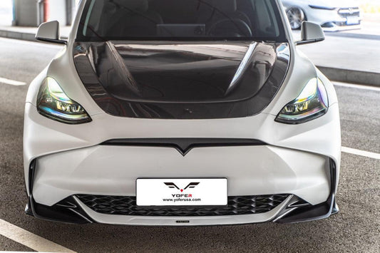 Tesla Model Y / Performance 2021 2022 2023 2024 with Aftermarket Parts - Loong Flames Style Hood Bonnet Pre-preg Carbon Fiber from Yofer USA