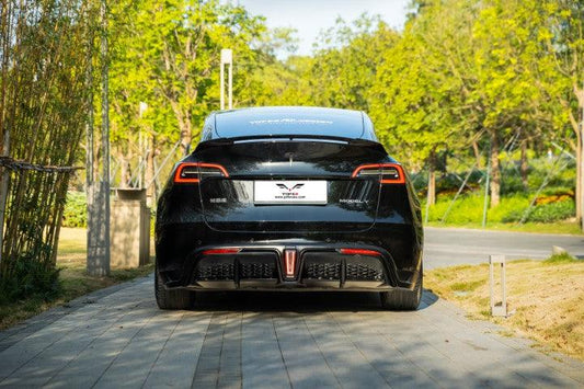 Tesla Model Y / Performance 2021 2022 2023 2024 with Aftermarket Parts - Loong Flames Style Rear Spoiler Wing Carbon Fiber from Yofer USA
