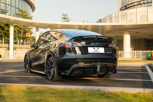 Tesla Model Y / Performance 2021 2022 2023 2024 with Aftermarket Parts - Loong Flames Style Rear Spoiler Wing Carbon Fiber from Yofer USA