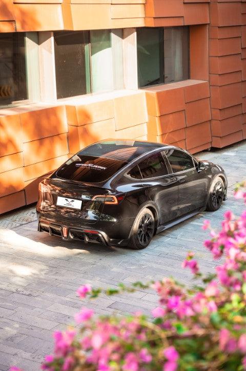 Tesla Model Y / Performance 2021 2022 2023 2024 with Aftermarket Parts - Loong Flames Style Rear Spoiler Wing Carbon Fiber from Yofer USA