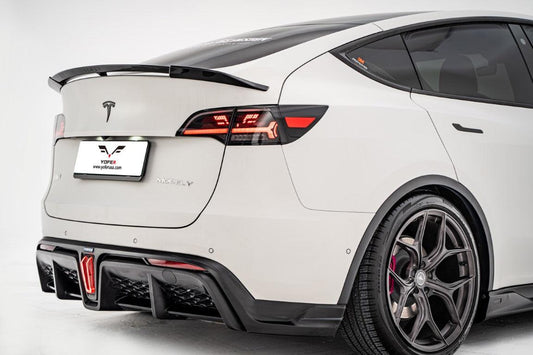 Tesla Model Y / Performance 2021 2022 2023 2024 with Aftermarket Parts - Loong Flames Style Rear Spoiler Wing Carbon Fiber from Yofer USA