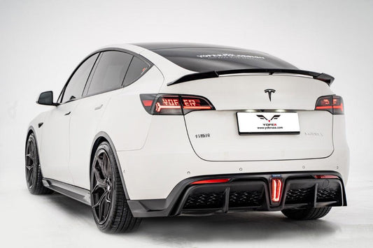 Tesla Model Y / Performance 2021 2022 2023 2024 with Aftermarket Parts - Loong Flames Style Rear Spoiler Wing Carbon Fiber from Yofer USA