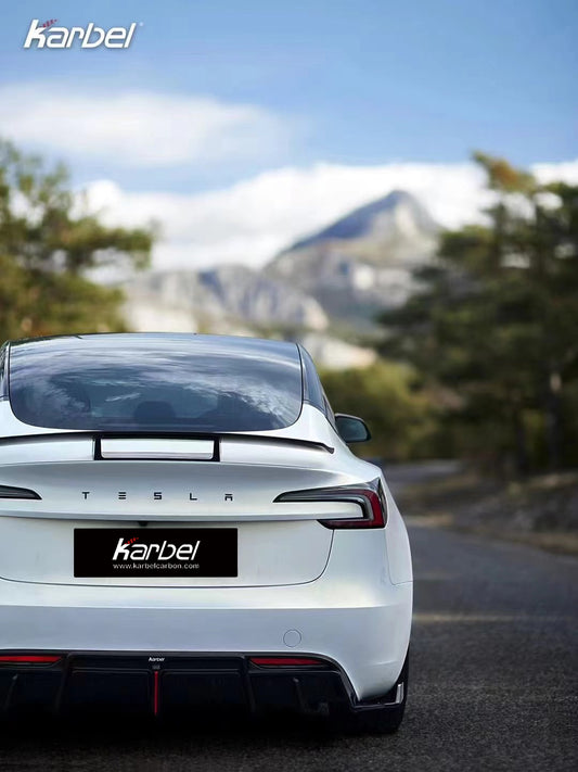 Tesla Model 3 Highland / Performance 2024-ON with Aftermarket Parts - With Light Style Rear Diffuser & Canards Pre-preg Carbon Fiber from Karbel Carbon