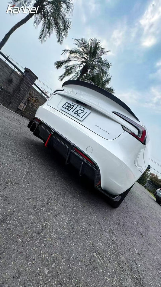 Tesla Model 3 Highland / Performance 2024-ON with Aftermarket Parts - With Light Style Rear Diffuser & Canards Pre-preg Carbon Fiber from Karbel Carbon