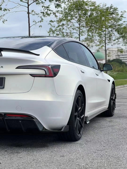 Tesla Model 3 Highland / Performance 2024-ON with Aftermarket Parts - With Light Style Rear Diffuser & Canards Pre-preg Carbon Fiber from Karbel Carbon