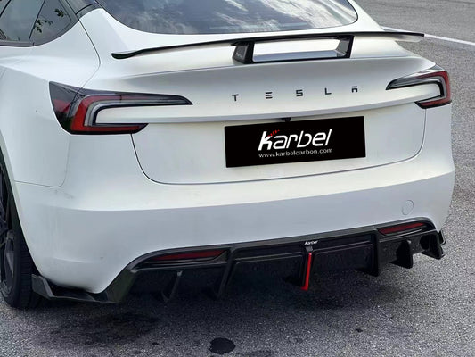 Tesla Model 3 Highland / Performance 2024-ON with Aftermarket Parts - With Light Style Rear Diffuser & Canards Pre-preg Carbon Fiber from Karbel Carbon