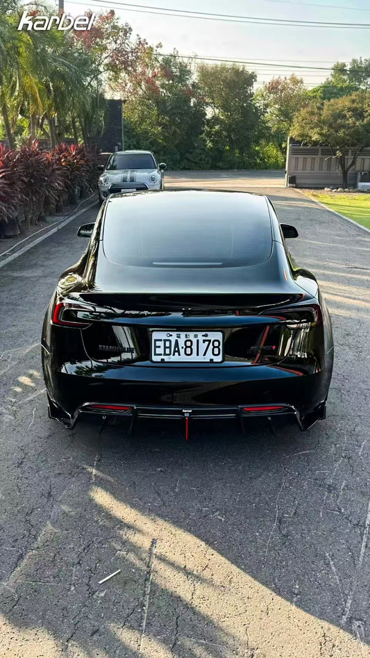 Tesla Model 3 Highland / Performance 2024-ON with Aftermarket Parts - With Light Style Rear Diffuser & Canards Pre-preg Carbon Fiber from Karbel Carbon