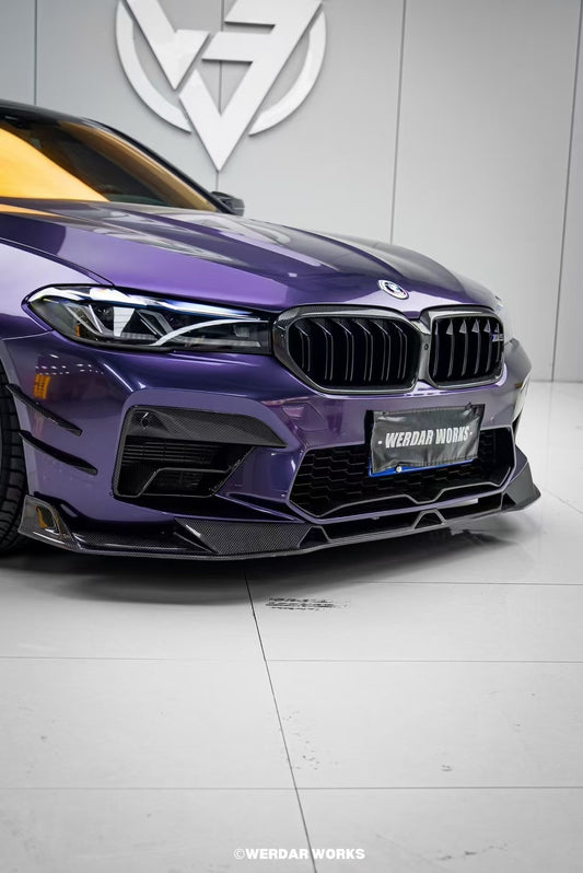 BMW M5 / M5C F90 Pre-LCI 2018 2019 2020 & M5 / M5C F90 LCI 2021 2022 2023 2024 With Aftermarket Parts - AE Lower Lip & Middle Lip Carbon Fiber from ArmorExtend