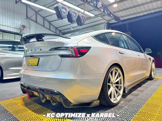 Tesla Model 3 Highland / Performance 2024-ON with Aftermarket Parts - With Light Style Rear Diffuser & Canards Pre-preg Carbon Fiber from Karbel Carbon