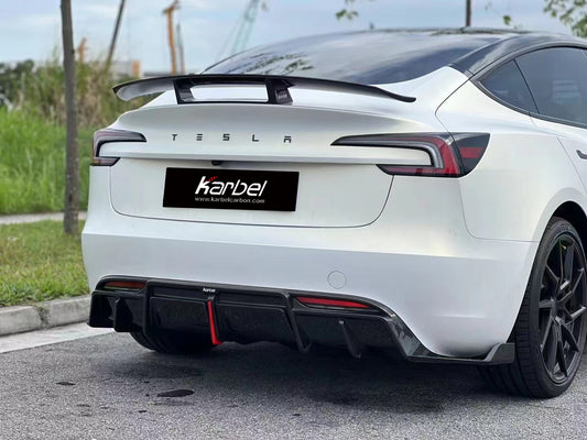 Tesla Model 3 Highland / Performance 2024-ON with Aftermarket Parts - With Light Style Rear Diffuser & Canards Pre-preg Carbon Fiber from Karbel Carbon