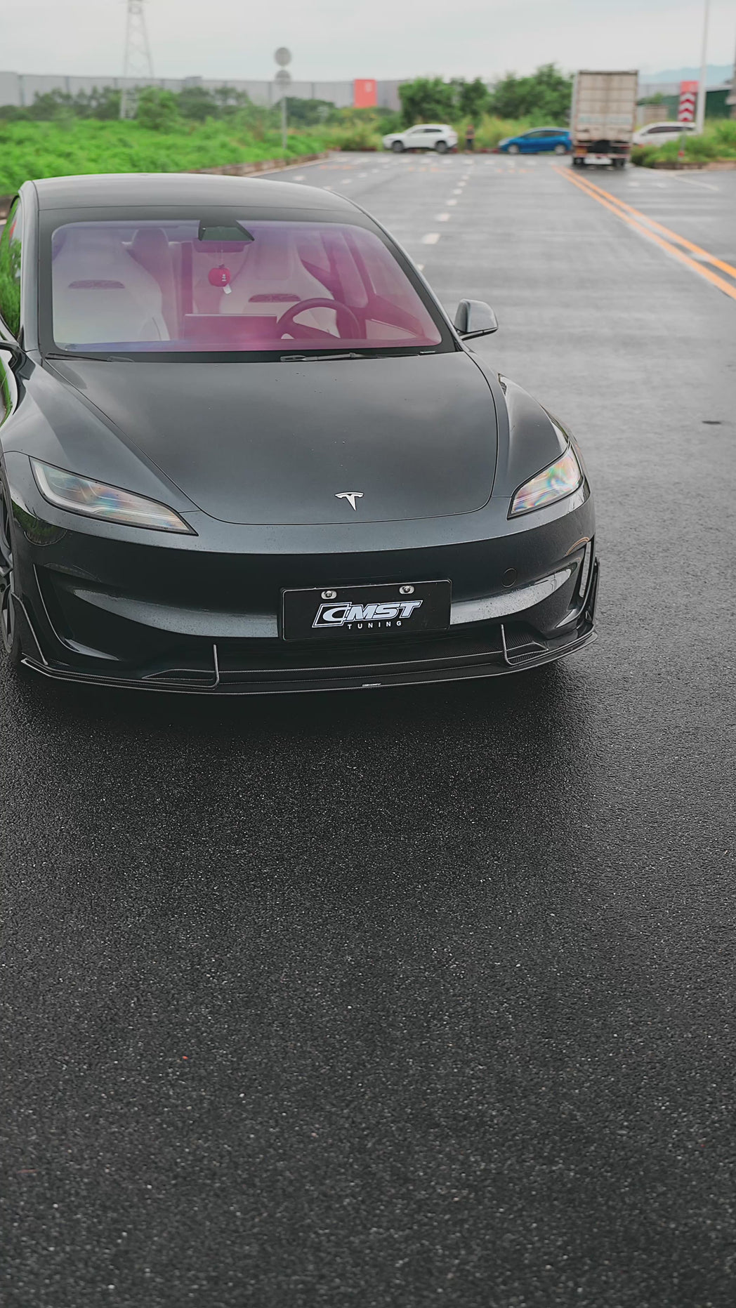 Tesla Model 3 Performance 2024-ON with Aftermarket Parts - V1 Front Lip Carbon Fiber / FRP from CMST Tuning