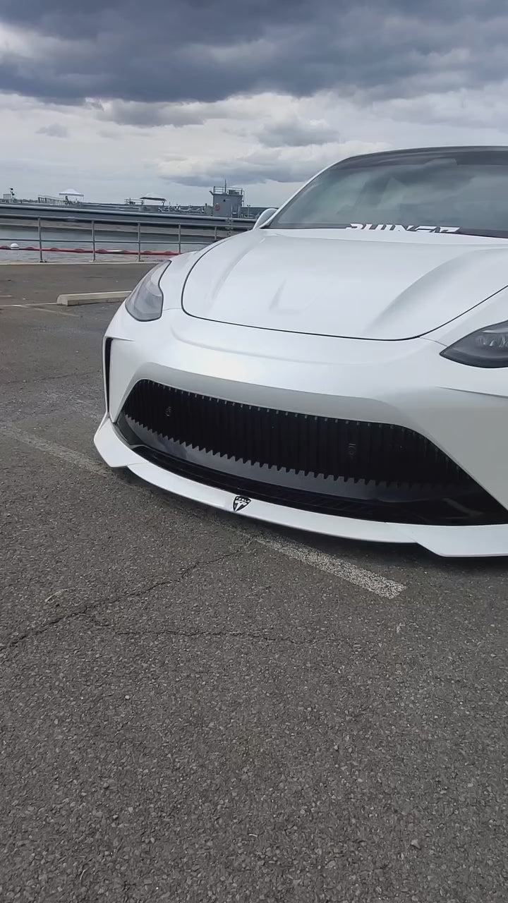 Tesla Model Y Performance AWD Long Range RWD Standard 2020 2021 2023 2024 with Aftermarket Parts - "STARSHIP" Stage 1 Corner Lip (2 pcs) & Stage 2 Corner Lip (4 pcs) & Front Bumper Carbon Fiber / FRP / PP from Robot Craftsman