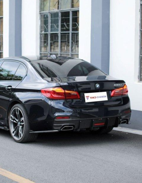 BMW 5 series M550 540 530 (with M-package bumper, does not fit base model) G30 Pre-LCI 2017 2018 2019 2020 with Aftermarket Parts - Rear Diffuser & Canards Pre-preg Carbon Fiber from TAKD Carbon