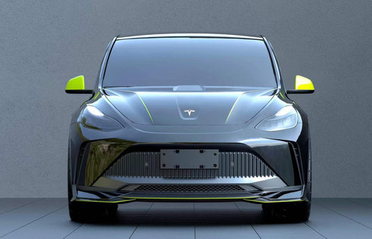 Tesla Model Y Performance AWD Long Range RWD Standard 2020 2021 2023 2024 with Aftermarket Parts - "STARSHIP" Stage 1 Corner Lip (2 pcs) & Stage 2 Corner Lip (4 pcs) & Front Bumper Carbon Fiber from Robot Craftsman