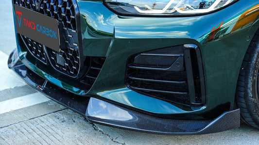 BMW I4 M50 / e Drive 40 (with M-package bumper, does not fit base G26 2022 2023 2024 & 4 Series Gran Coupe M440i 430i (with M-package bumper,Does not fit base model) G26 2022 2023 2024 with Aftermarket Parts - Front Lip Pre-preg Carbon Fiber from TAKD Carbon