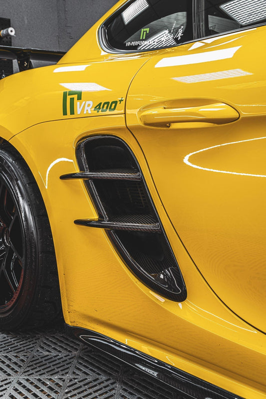 Porsche 718 Cayman / Boxster / GTS 2017-ON with Aftermarket Parts - Extreme Style Side Vents Pre-preg Carbon Fiber from TAKD Carbon